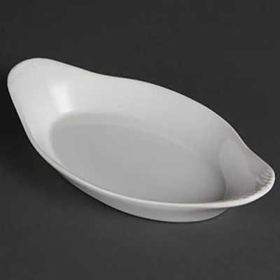 Abbildung von Olympia Whiteware Oval Eared Dishes 270 ml/9,5 oz (6er Pack), weißes Porzellan, Größe: 244 (B) x 202 (T) mm, ovale Servierschale, Beilagengeschirr ofen , mikrowellen und gefriergeeignet, W427