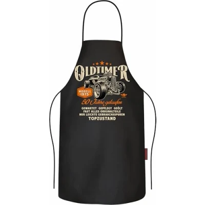 Abbildung von LOBO NEGRO Grillschürze Kochschürze Küchenschürze als Geschenk für Männer zum 50. Geburtstag aus reiner Baumwolle Oldtimer Baujahr 1975 in Topzustand