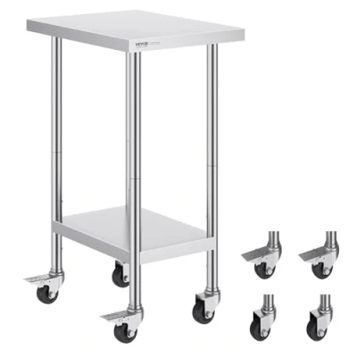 Abbildung von VEVOR Arbeitstisch Edelstahl, Zubereitungstisch 610 x 457 954,6 mm, 290 kg Tragkraft, mit 4 Rädern, 3 einstellbaren Höhenstufen, zur Lebensmittelzubereitung für gewerbliche Restaurants