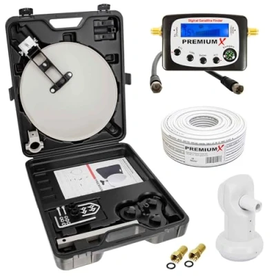 Abbildung von PremiumX Camping Satelliten Anlage Satellitenschüssel SAT TV Signalfinder Single LNB 10m Kabel F Stecker kompakt im Koffer