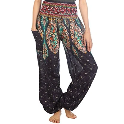 Abbildung von Lofbaz Damen Haremshose Yogahose Pumphose Hippie Hose Boho Kleidung Festival Outfit Sommerhose Leicht Sommer Hosen Floral 3 Dunkelblau S