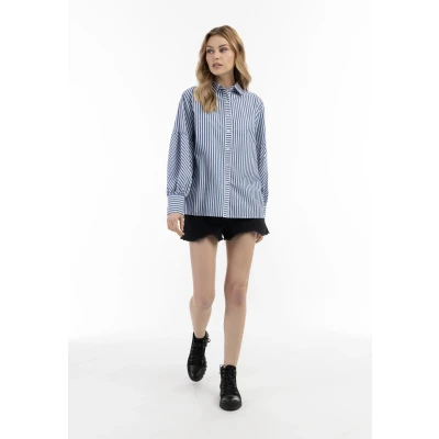 Abbildung von Dreimaster Langarm Hemdbluse, Damen, Größe: 38, Weiss/blau