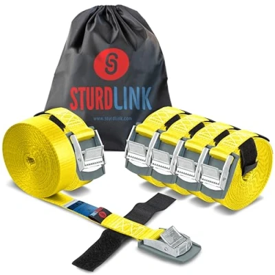 Abbildung von Sturdlink 6 Stück kleine Zurrgurte 25mm 250kg 2m mit Schnalle und Schutz + Klettverschluss Befestigung für Fahrrad Tür, Kajak, Surfbrett, Kanu, Sup, Anhänger, Dachbox, Auto, Sackkarre, Camping