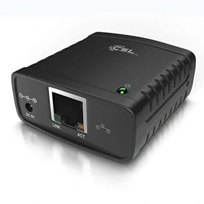 Abbildung von CSL LAN Printserver Druckerserver Fast Ethernet USB2.0 High Speed LRP Print Server für Windows Netzwerk USB zu RJ45 DHCP fähig, TCP/IP inkl. Netzteil und Ethernetkabel Neues Modell