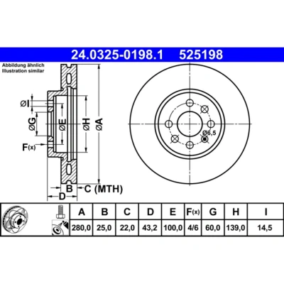Abbildung von ATE PowerDisc 24.0325 0198.1 Bremsscheibe 280,0 25,0 4 100,0 Belüftet beschichtet legiert/hochgekohlt mit Schrauben OPEL: Astra H Caravan