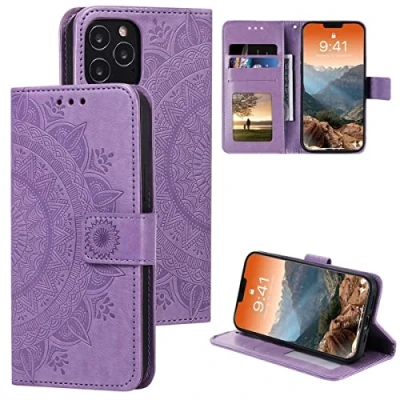 Abbildung von CoverKingz Handy Tasche kompatibel mit iPhone 12 Pro Max [6,7 Zoll] Handycase Kartenfach Handyschutzhülle Cover Smartphonehülle klappbar Motiv Mandala Lila