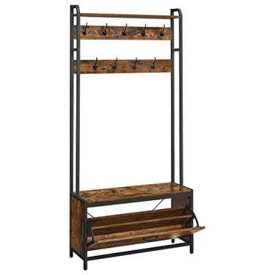 Abbildung von VASAGLE Garderobenständer mit Schuhschrank, Garderobe Sitzbank, Kleiderständer, Schuhkipper, 9 Haken, obere Ablage, für Flur, Schlafzimmer, Industrie Design, vintagebraun schwarz HSR405B01