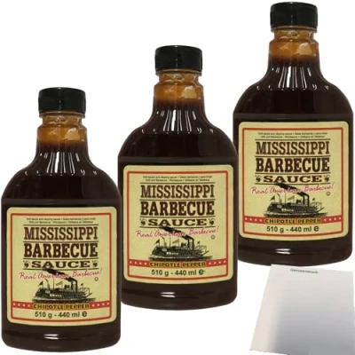 Abbildung von Mississippi Barbecue Sauce Chipotle Pepper Grill 3er Pack (3x510g Flasche) + usy Block