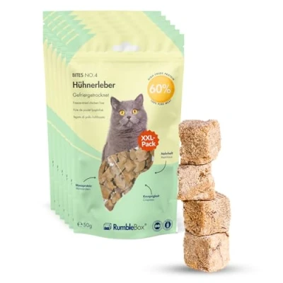Abbildung von Gefriergetrocknete Katzensnacks Hühnerleber RumbleBox XXL Sparbox mit 100 % Reiner Katzensnack gesunde Katzenleckerlis ohne Getreide und Zucker 6x50 g