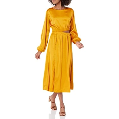 Abbildung von The Drop Midikleid für Damen, Jacob Seidig Langärmlig Diskreter Ausschnitt, Goldgelb, Größe L