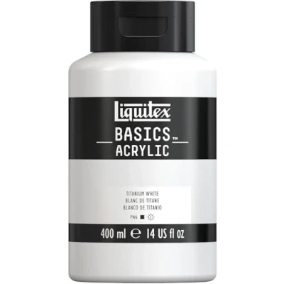 Abbildung von Liquitex 8870337 Basics Acrylfarbe, monopigmentierte Künstlerpigmente, lichtecht, mittlere Viskosität, Archivqualität, seidenglänzender Finish, 400ml Flasche Titanweiß