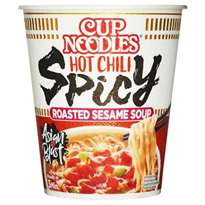 Abbildung von Nissin Cup Noodles Hot Chili Spicy, 8er Pack, Soup Style Instant Nudeln japanischer Art, mit Chilis, geröstetem Sesam &amp; Gemüse, schnell im Becher zubereitet, asiatisches Essen (8 x 66 g)