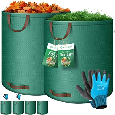 Abbildung von KESSER® Gartensack 4x 500L Set Laubsack Gartenabfallsack inkl. Handschuhe Selbststehend 4 Griffe Stabil Robust &amp; Faltbar Laubsäcke Rasenschnitt Gartensäcke für Gartenabfälle Grünschnitt Grün