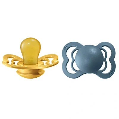 Abbildung von BIBS Supreme Schnuller 2er Pack, BPA frei, Symmetrischer Nippel. Naturkautschuk/Latex, Hergestellt in Dänemark. 0 6 Monate (2er Pack), Mustard/Petrol