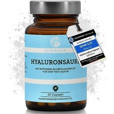 Abbildung von QIDOSHA® Hyaluronsäure Kapseln hochdosiert, TESTSIEGER 07/23*, 500mg je Kapsel, 90 Stk im Glas, mittleres Molekulargewicht (500 700kD), vegan, dt Fertigung, natürlich aus Fermentation