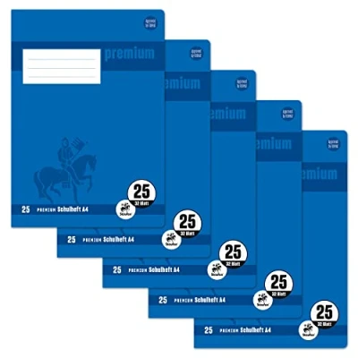 Abbildung von Staufen Premium Schulheft DIN A4, Lineatur 25 (9mm liniert mit Rand), 32 Blatt, 90g/m² Papier, 5 Stück
