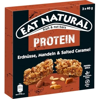 Abbildung von Eat Natural Frucht und Nussriegel Protein Erdnüsse, Mandeln Salted Caramel Proteinquelle glutenfreier Snack optimal für unterwegs 3x40 g