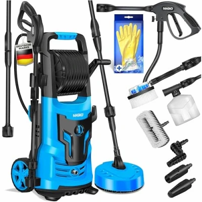 Abbildung von MASKO® Hochdruckreiniger 2200 Watt 165 bar 450 l/h, mit Spule Schlauchtrommel 10m Schlauch 9.TLG. Zubehör Set, Seifenflasche Schaumdüse, Hochdruckpistole für Autos/Zäune/Garten/Patios/Pool Blau