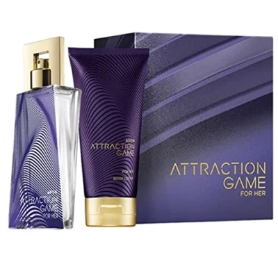 Abbildung von Avon Set Attraction Game Eau de Parfum 50ml + Bodylotion 150ml in der Geschenkbox neuer Duft aus Serie hypnotischer Akkord für Damen.
