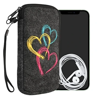 Abbildung von kwmobile Handytasche für Smartphones XL 6,7/6,8&quot; Handy Filztasche Pinsel Herzen Pink Orange Dunkelgrau 17,2 x 8,4 cm Innenmaße