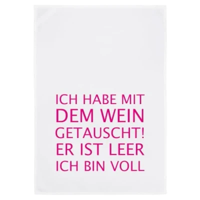 Abbildung von Geschirrtuch, Humorvolles Design, 100% Baumwolle, &quot;ICH HABE MIT DEM WEIN GETAUSCHT, ER IST LEER ICH BIN VOLL&quot; Spruch, umweltfreundlich, Neon Pink, 50x70 cm