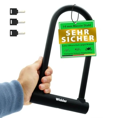 Abbildung von WIDDER Extrem Sicheres Fahrradschloss Bügelschloss [Chrom Stahl Sicherheitsstufe 15] 18mm Massiv Bügel Fahrrad Schloss 64 cm Umfang mit Halterung &amp; 3 Schlüssel e Bike Lock Scooter U