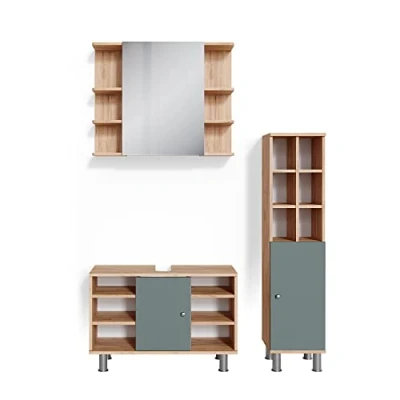 Abbildung von Vicco Badmöbel Set Fynn, Grün/Goldkraft Eiche, 3 Teile, mit Midischrank Tür groß