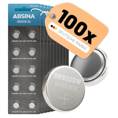 Abbildung von ABSINA SR920SW Uhrenbatterie 1,55V Silberoxid 10x 10er Pack Knopfzelle auslaufsicher &amp; Lange Haltbarkeit Batterie / LR921 371/370 LR69 AG6 SR 920 SW Uhren