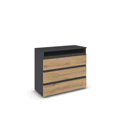 Abbildung von Rauch Möbel Joel, Kommode, Schubladenkommode, Sideboard, 3 Schubladen und Nische, Farbe Graumetallic/Eiche Artisan, 93x81x42cm