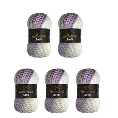 Abbildung von 5 x 100g Wollbiene Batik 500 Gramm Wolle mit Farbverlauf mehrfarbig Multicolor Strickwolle Häkelwolle (5990 rose grau weiß)