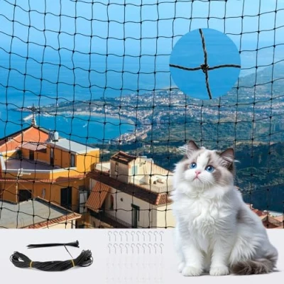 Abbildung von Katzennetz für Balkon, 3x4m balkon ohne bohren, Drahtverstärkt, Katzenschutz Fenster, Katzenschutznetz, Balkonnetz mit Befestigungsseil und Zubehör, Balkone/Terrassen