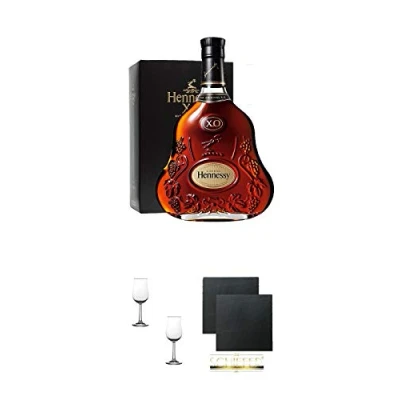 Abbildung von Hennessy XO Cognac Frankreich 0,35 Liter + Nosing Gläser Kelchglas Bugatti mit Eichstrich 2cl und 4cl 2 Stück Schiefer Glasuntersetzer eckig ca. 9,5 cm Ø