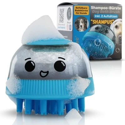 Abbildung von BluePet Befüllbare Badebürste für Hundeshampoo, Einmassieren von Shampoo &amp; anregende Massage I Entferne Schmutz loses Fell, Inkl. 2x Aufsätze Weich + Fest alle Rassen Fellarten