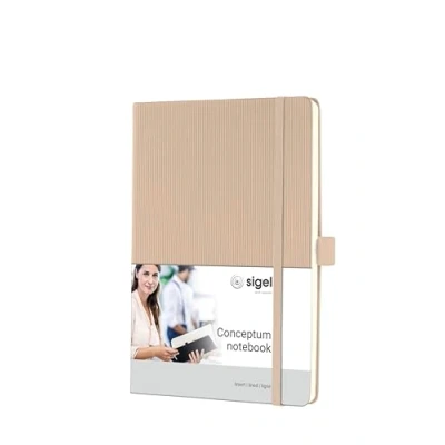 Abbildung von SIGEL CO651 Premium Notizbuch liniert, A5, Hardcover, 194 nummerierte Seiten, beige, nachhaltiges Papier, mit Inhaltsverzeichnis, Stiftschlaufe, Falttasche, Gummibandverschluss, Conceptum