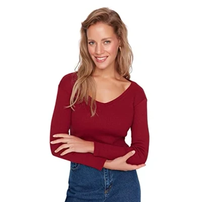 Abbildung von Trendyol Damen Regular Standard V Ausschnitt Strickbluse Hemd, burgunderfarben, X Large