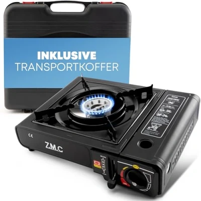 Abbildung von ZMC Gaskocher 1 flammig + Aufbewahrungskoffer Gaskartuschen 227g Schwarz, (Butangas Campingkocher für Innenraum/Outdoor, Campinggaskocher 2,2 kW mit Piezozündung), Kochfeld Kartusche, Gaskochfeld Camping