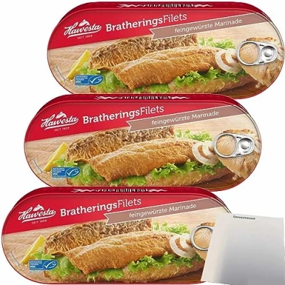 Abbildung von Hawesta Bratheringsfilets in feingewürzter Marinade MSC 3er Pack (3x325g Dose) + usy Block