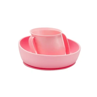 Abbildung von Doidy Cup &amp; Bowl Kindergeschirrset einzigartige geneigte Form mit einer Tasse zum Erlernen des Trinkens und einem Saugboden Befestigen der Schüssel für Babys Kleinkinder (Rosa)