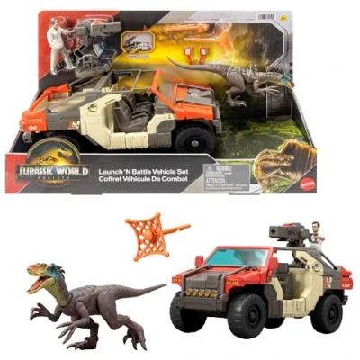 Abbildung von Mattel Jurassic World: Die Wiedergeburt Fahrzeug mit 1 menschlichen Figur und Dinosaurier Figur, Launch ‘N Battle Truck, Martin Krebs Dinosaurier, Geschütz 2 Projektile, JGB59