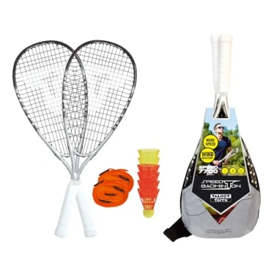 Abbildung von Talbot Torro Speed Badminton Premium Set 7700, 2 kraftvolle Graphit Composite Rackets, 6 windstabile Federbälle, Court Liniensystem zur Spielfeldmarkierung, im trendigen Rucksack, 490117