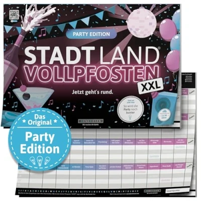 Abbildung von DENKRIESEN Stadt Land VOLLPFOSTEN® Party Edition A3 Spielblock Ab 8 Jahren Partyspiel Fluss Geburtstagsspiel Lustiges Gesellschaftsspiel für Feiern und Spaß mit Freunden