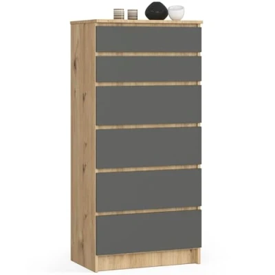 Abbildung von Kommode in Artisan Eiche grau mit 6 geräumigen Schubladen, 60 cm breit, 130 hoch Schlafzimmer Flur Wohnzimmer Organizer Schubladen Holz Highboard Sideboard Schrank