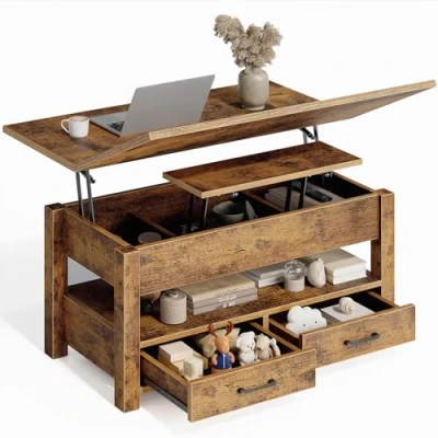 Abbildung von Rolanstar Couchtisch, Lift Top, Multifunktionaler wandelbarer Couchtisch mit Schubladen und verstecktem Fach, verwandelt Sich in Esstisch für Wohnzimmer, Home Office, rustikales Braun