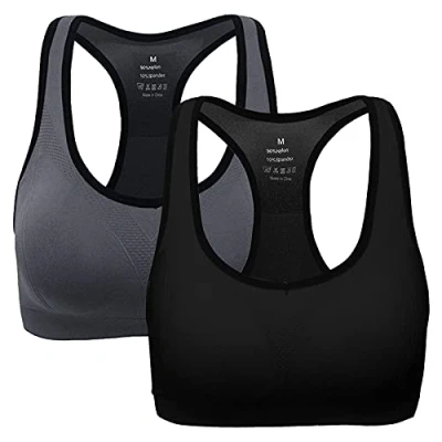 Abbildung von ANGOOL Damen Komfort Klassische Racerback Sport BH Top Fuer Yoga Fitness Training, XL Fit 85DD 90D 90DD 95BC 95D, Schwarz+grau Lot de 2