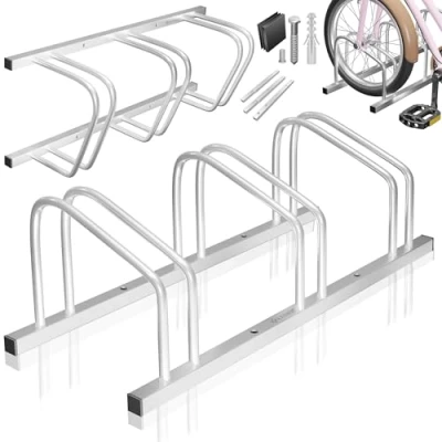Abbildung von KESSER® Fahrradständer für 3 Fahrräder inkl. Parkschild Mehrfachständer mit 37cm Radabstand 30 65mm Reifenbreite Fahrradhalter Aufstellständer Boden oder Wandmontage Radständer Silber