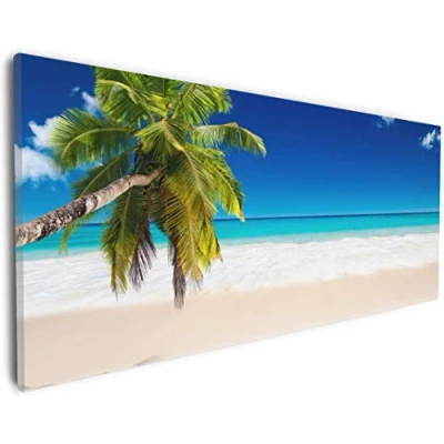 Abbildung von Wallario Leinwandbild Südseestrand in der Karibik mit Palme Wandbild 30 x 75 cm: Kunstdruck Brillante lichtechte Farben hochauflösend verzugsfrei