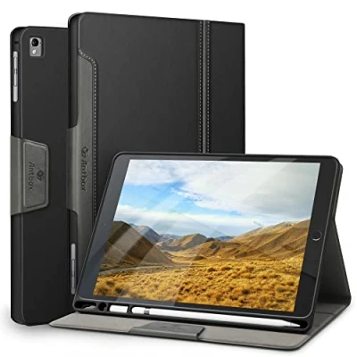 Abbildung von Antbox Leder Hülle für iPad 9.7 Zoll 2018/2017 mit Stifthalter Auto Schlaf/Wach Funktion PU Ledertasche Schutzhülle Smart Case (Schwarz)