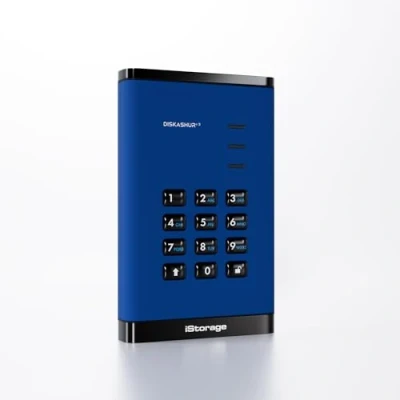 Abbildung von iStorage diskAshur3 HDD 1 TB Festplatte, tragbar, passwortgeschützt, staub und wasserabweisend, Hardware Verschlüsselung, Blau