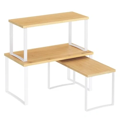 Abbildung von SONGMICS Organizer für Küchenschrank, Set mit 3 Brettern, stapelbar, erweiterbares Gewürzregal, Metall und Bambus, Wolkenweiß Naturbeige KCS014W01