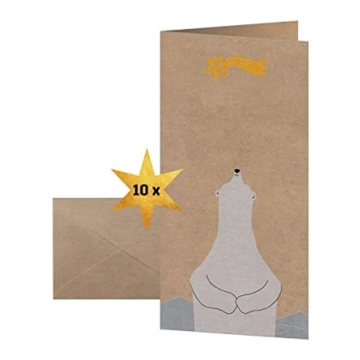 Abbildung von SIGEL DS078 Weihnachts Karten Set mit Umschlag, DIN lang, Kraftpapier, 10 Stück, &quot;Polar bear with shooting star&quot;, ideal zum Bedrucken, aus nachhaltigem Papier